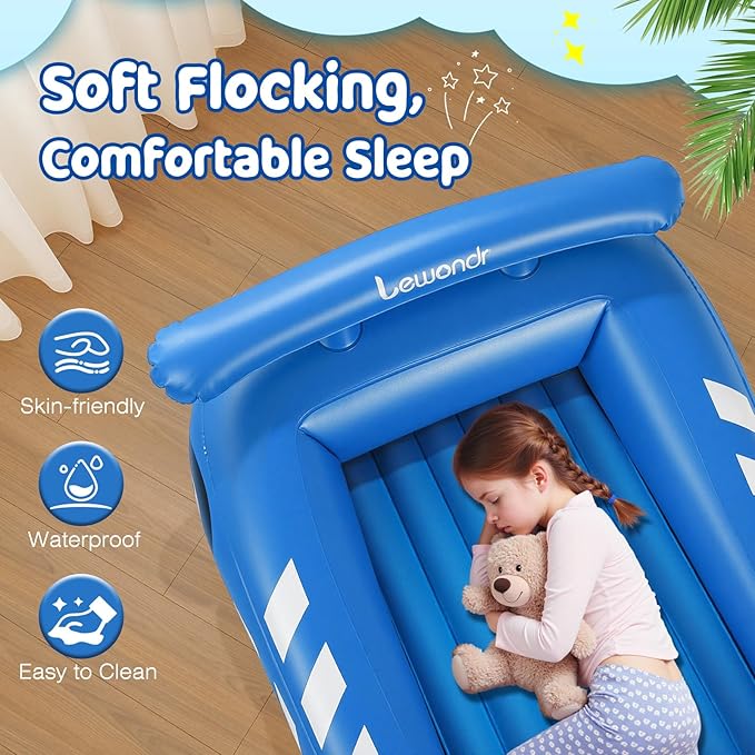 Lewondr Inflatable Kids Bed, Racecar Toddler Air Mattress with Safety Bumpers, Toddler Blow up Mattress with Hand Pump, Portable Toddler Travel Bed for Camping, Sleepovers, Vacation & Home, Blue
