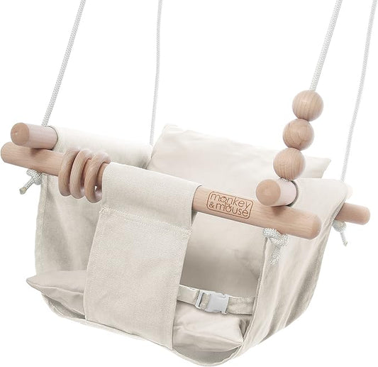Monkey & Mouse Baby Swing, Cream Indoor Outdoor Portable Hanging Chair - Infant & Toddler Kids 6 Months - 4 Years, Cotton Canvas & Beech Wood Frame, Sensory Hammock Boy & Girl Seat w/Wooden Toys