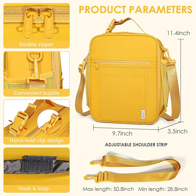 NOL Nylon Waterproof Kids Lunch Bag, Insulated Lunch Bag, Lunch box Cooler, Reusable, Zip Closure with Buckle Handle Holds Lunch Box, Snacks & Water Bottle for School Work, Earth-yellow