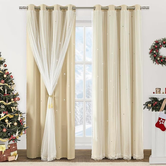 XiDi Beige Blackout Curtains with Sheer Overlay Star Cut Out Design Warm Color Double Layer Curtains Thermal Noise Reduction Grommet Darpes for Girls Kids Bedroom Living Room 52 x 84 Inches, Set of 2
