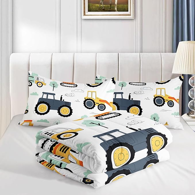 Kids Comforter Set Engineering Vehicle Printed Pattern Bedding Set with 1 Comforter and 2 Pillowcases for Girls Boys Bedroom All Season(Excavator Truck Engineering Vehicle01 Twin)