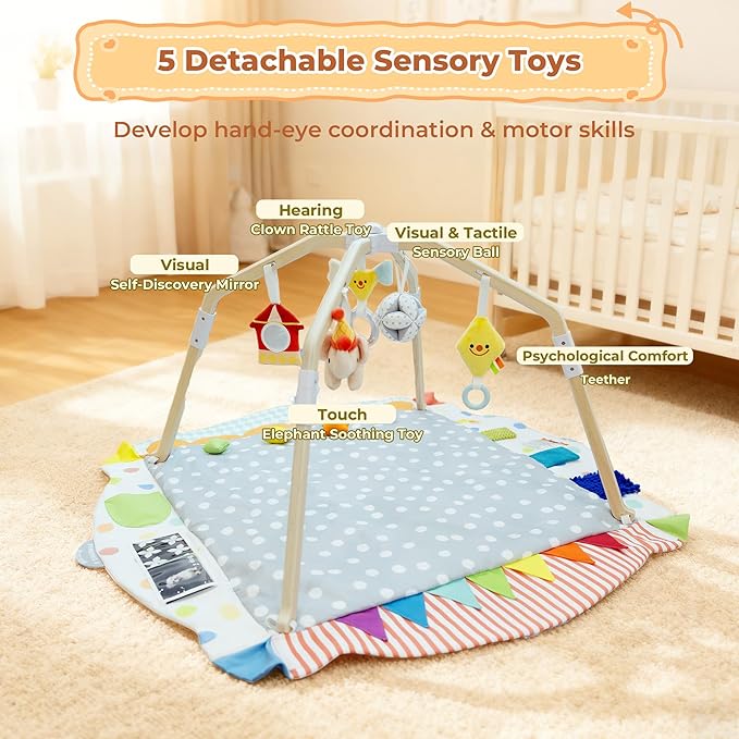 Kizfarm Baby Play Gym Mat, 5 Developmental Zones Wooden Tummy Time Mat, Baby Activity Mat for Floor with 5 Detachable Sensory Toys, Stage-Based Development from Infant to Toddler, Baby Essentials Gift