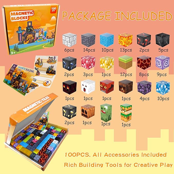 100 PCS Magnetic Blocks Building Toys, Build 3D Magnetic Building Blocks Set for Kids Ages 3+, Magnet Blocks STEM Sensory Educational Christmas Birthday Gifts Construction Toys
