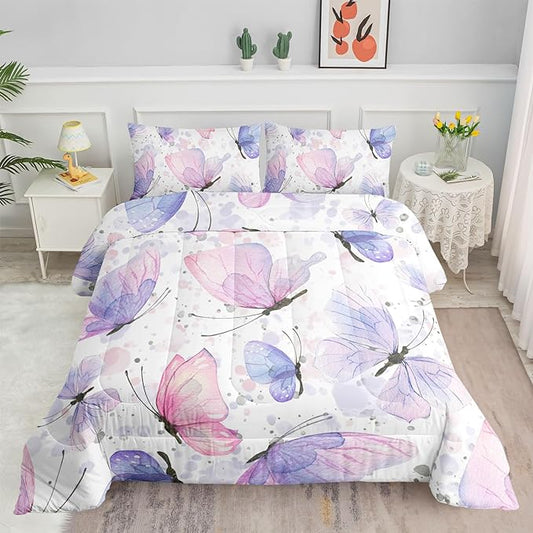 Kids Comforter Set Butterflies Printed Pattern Bedding Set with 1 Comforter and 2 Pillowcases for Girls Boys Bedroom All Season(Butterflies Full)