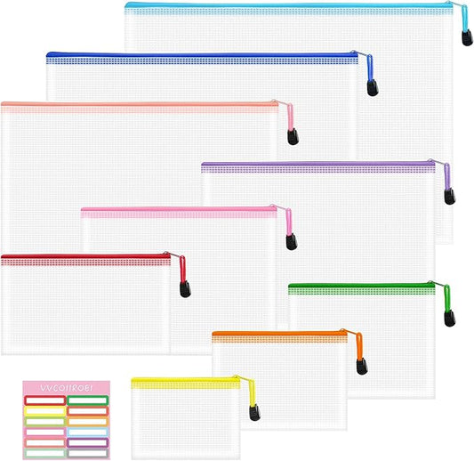9pcs Mesh Zipper Pouch Bags, 9 Sizes, 9 Colors, Board Game Storage, Travel, School, Office Organize