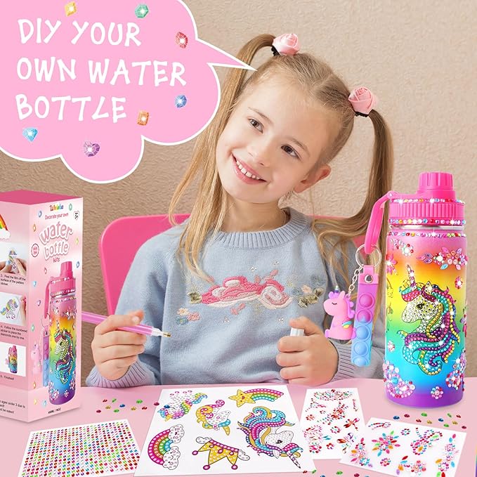 Wninbu Decorate Your Own Water Bottle Kits for Girls,Stainless Steel Unicorn Water Bottle Girls,Arts and Crafts Ages 4-6-8-10,Gem Art Unicorn Toys Gifts Birthday Christmas Stocking Stuffers (Unicorn)