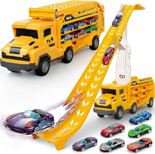 Kids Toys for 3 4 5 6 7 8 Years Old Boys, Carrier Truck Transport Car Toys, Foldable 2 Layer Car Race Track Playset with 25-in Race Track, 6 Metal Toy Cars, Birthday Toy Gift for Toddler-Yellow