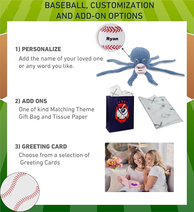 DolliBu Blue Octopus Stuffed Animal with Baseball Plush – Soft & Huggable 15-Inch Ocean Toy with Name Personalization for Kids & Adults