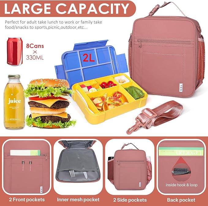 NOL Nylon Waterproof Kids Lunch Bag, Insulated Lunch Bag, Lunch box Cooler, Reusable, Zip Closure with Buckle Handle Holds Lunch Box, Snacks & Water Bottle for School Work, Dark pink