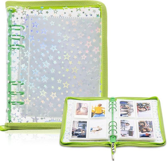 Kpop Photocard Binder Holder with 30 Pack 4-Pocket Inner Pages, A5 6 Ring Cover Album Book with Zipper for Organizing Trading Card (Green)