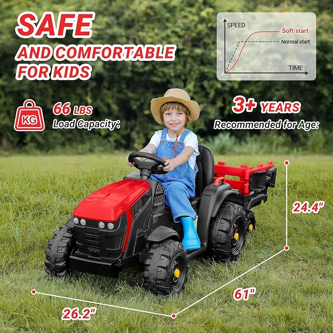 ELEMARA 24V 9AH Ride on Tractor Toys for Big Kids with Easy Detachable Trailer, 400W Electric Vehicles car, All-Terrain Capability, 3 Point Seat Belt for Ages 3+, Max 4.5 mph, Music, Deep Red