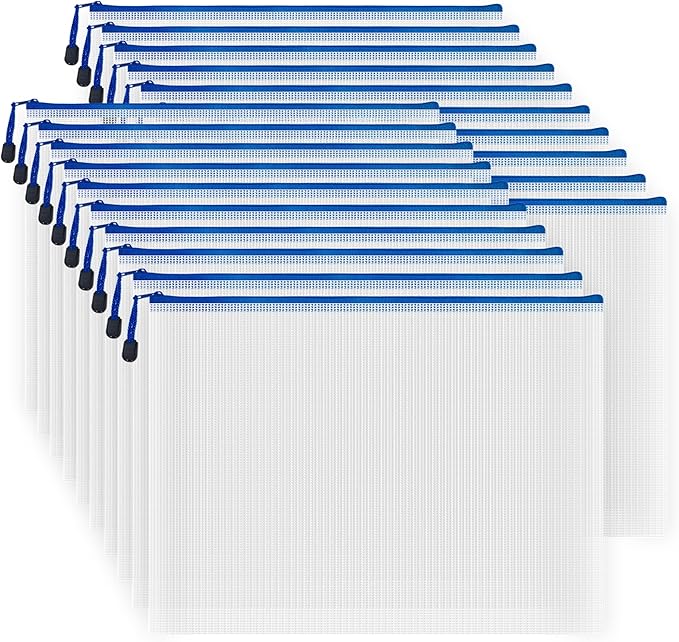 AUSTARK 20 Pcs Zipper File Bags, Plastic Mesh Pouch, Board Game Storage Bag, Waterproof Bags for Office School (B4 Size 15''x11'', White and Blue)