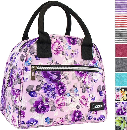 opux Insulated Lunch Box Women, Lunch Bag Tote Girls Kids Teen Adult, Cute Soft Lunch Cooler Container Work School, Reusable Thermal Food Meal Prep Organizer Lunch Pail Travel Beach, Floral Purple