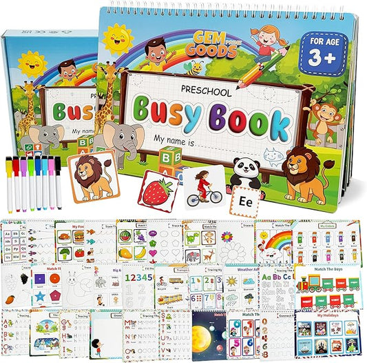 GemPrime Busy Book for Toddlers, Montessori Preschool Learning Activities, 15 Themes, Tracing & Coloring Pages for Kids Ages 3+, Sensory Educational Toys for Autism - Perfect Christmas & Birthday Gift