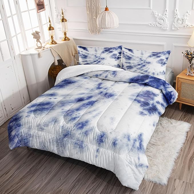 Tie Dye Comforter Set Blue Tie Dye Printed Pattern Bedding Set with 1 Comforter and 2 Pillowcases for Girls Boys Bedroom All Season(Dye Full)