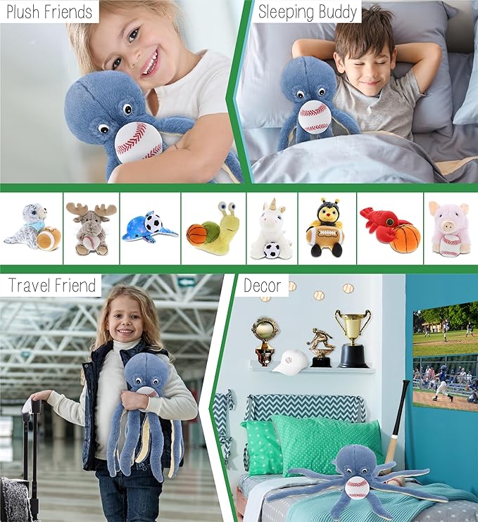 DolliBu Blue Octopus Stuffed Animal with Baseball Plush – Soft & Huggable 15-Inch Ocean Toy with Name Personalization for Kids & Adults