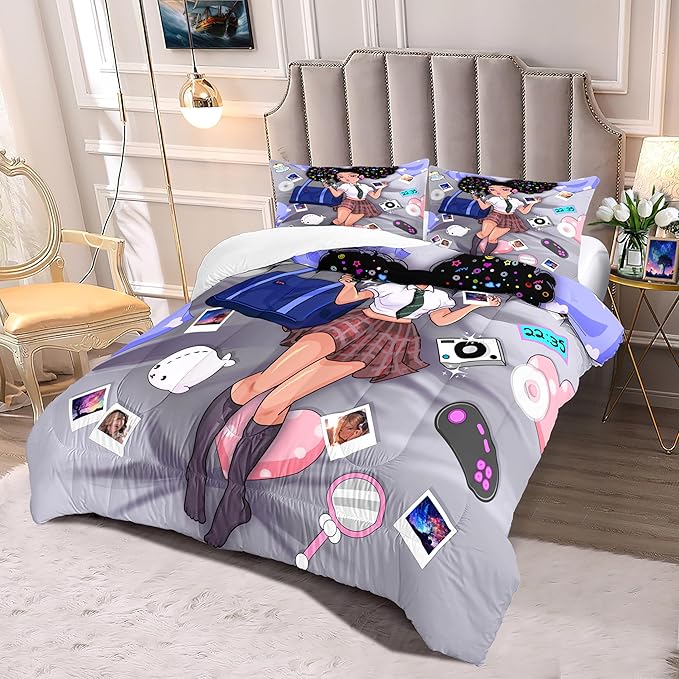 African Black Girl Bedding Set Full Comforter Set for Girls Bedroom Decor Black Girl Comforter Set with 2 Pillowcases Kids Comforter Sets Gifts for Girls Kids Teens