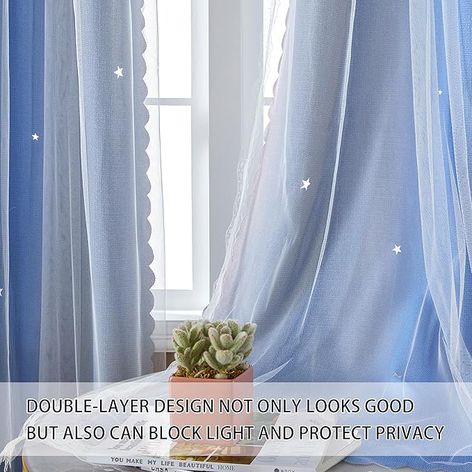 XiDi Blackout Curtains for Girls Bedroom Decor 2 Panels Set, Rainbow Star Design Ideal Drapes for Kids Room with Unicorn Theme Princess Room Decor 45 Inches Length Pink/Grey/Blue 34x45