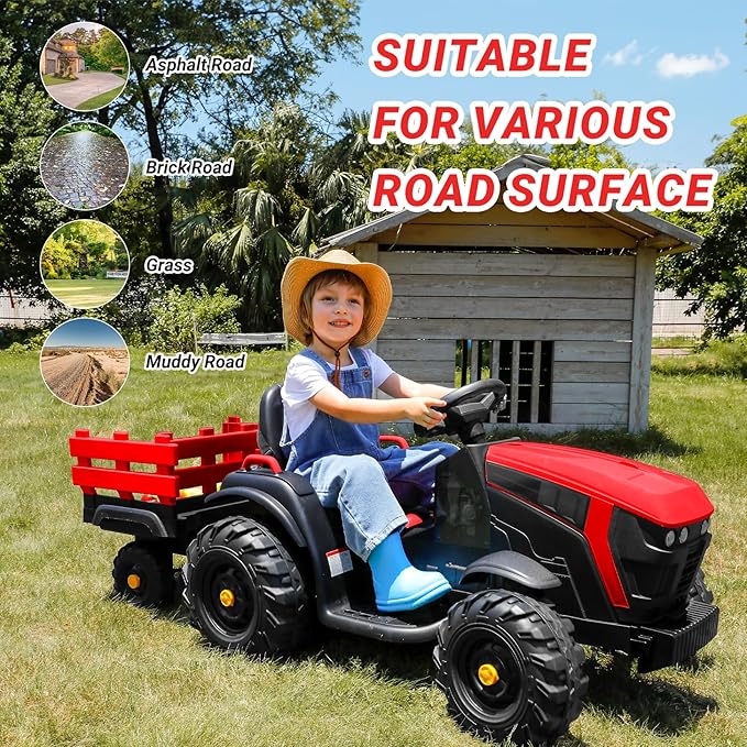 ELEMARA 24V 9AH Ride on Tractor Toys for Big Kids with Easy Detachable Trailer, 400W Electric Vehicles car, All-Terrain Capability, 3 Point Seat Belt for Ages 3+, Max 4.5 mph, Music, Deep Red