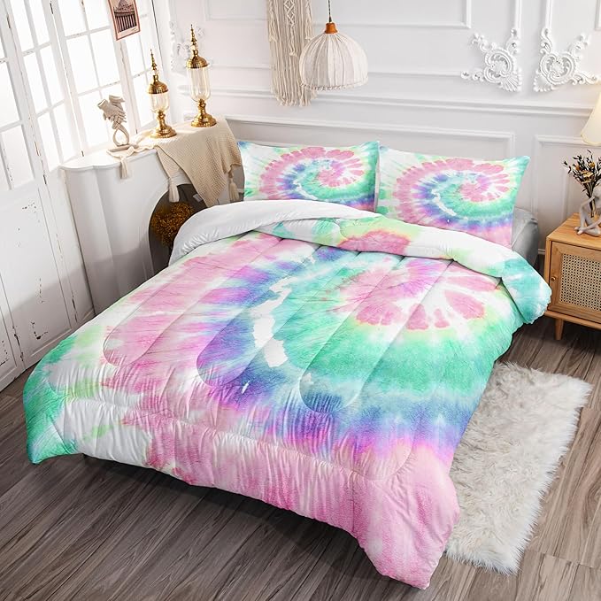 Tie Dye Comforter Set Pink Green Spiral Printed Pattern Bedding Set with 1 Comforter and 2 Pillowcases for Girls Boys Bedroom All Season(Pink Spiral Full)