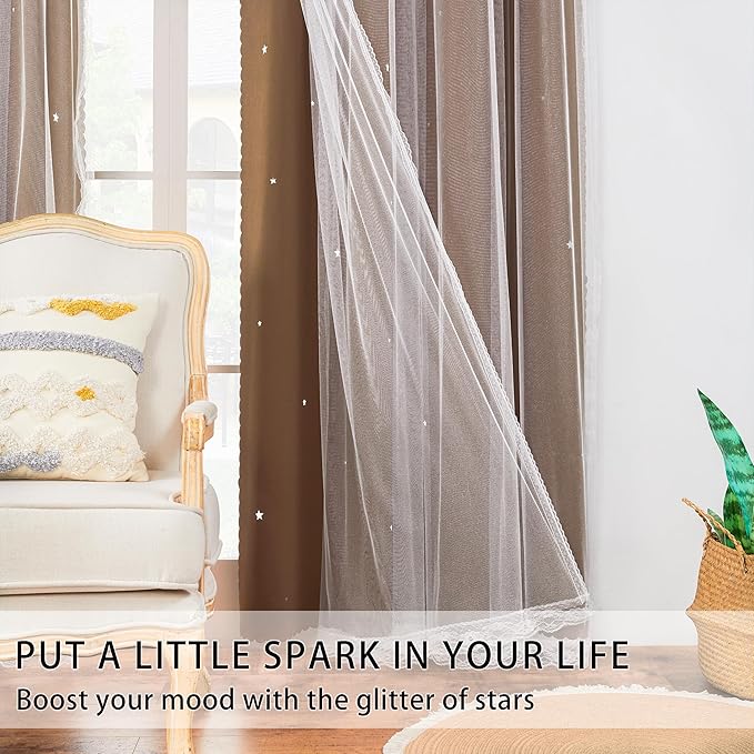 XiDi Black Out Curtains, Double Layer, Unicorn Pattern for Kids & Living Room - 84" Long, 2 Panel Brown