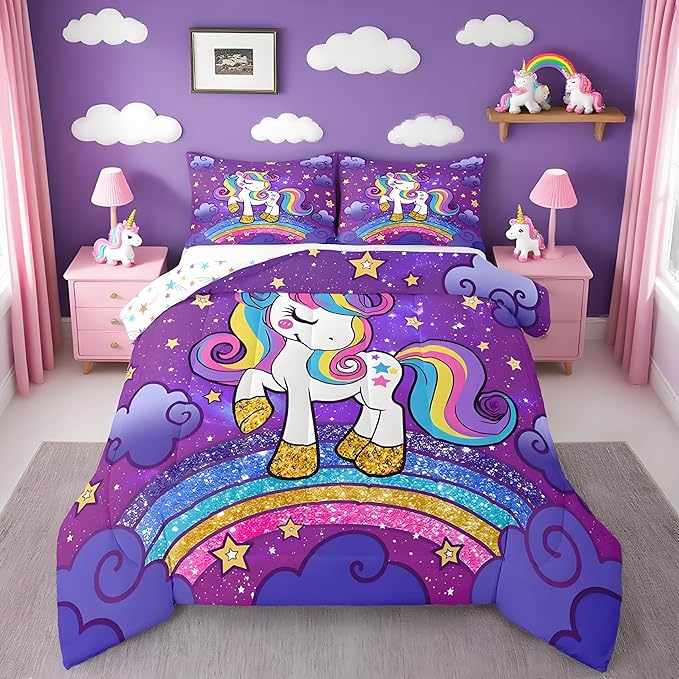 Feelyou Unicorn Bedding Twin Bed Sets for Girls Purple Cute Unicorn Comforter for Girls Comforter Set Star Print Kawaii Duvet Quilt Bedroom Decor Rainbow Bedding Cartoon Quilt,All Season