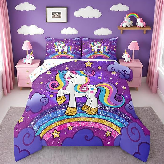 Feelyou Unicorn Bedding Twin Bed Sets for Girls Purple Cute Unicorn Comforter for Girls Comforter Set Star Print Kawaii Duvet Quilt Bedroom Decor Rainbow Bedding Cartoon Quilt,All Season