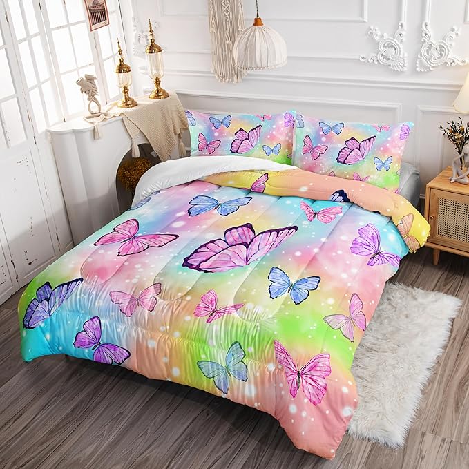 Rainbow Bedding Set with 1 Comforter and 2 Pillowcases for Boys and Girls Bedroom - Watercolor Butterfly Full