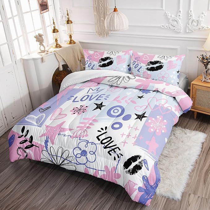 Kids Comforter Set Cute Doodles Printed Pattern Bedding Set with 1 Comforter and 2 Pillowcases for Girls Boys Bedroom All Season(Cute Doodles Queen)