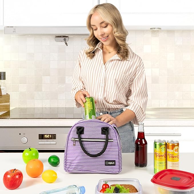 opux Lunch Box for Women, Insulated Lunch Bag Tote for Girls Kids Teen Adult, Cute Soft Cooler Container Work School, Reusable Thermal Food Meal Prep Organizer Pail Travel Beach, Purple Stripes
