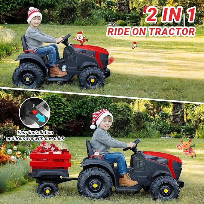 ELEMARA 24V 9AH Ride on Tractor Toys for Big Kids with Easy Detachable Trailer, 400W Electric Vehicles car, All-Terrain Capability, 3 Point Seat Belt for Ages 3+, Max 4.5 mph, Music, Deep Red