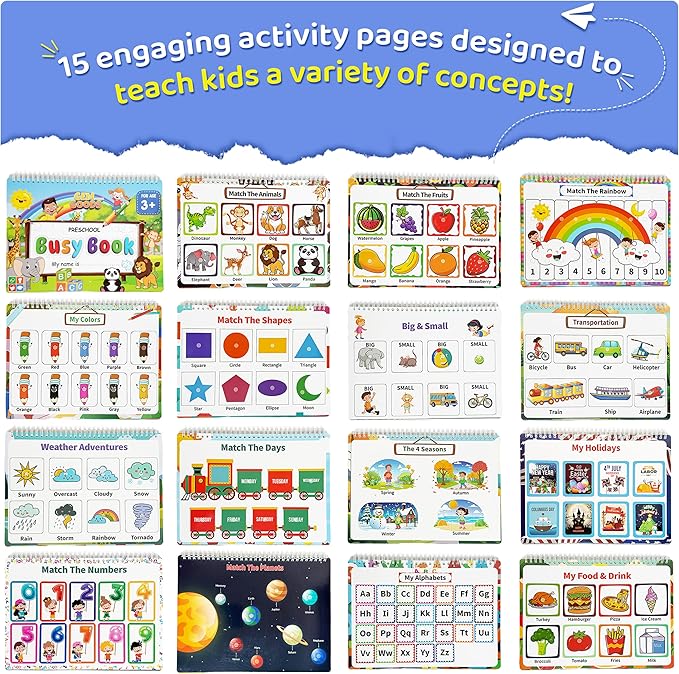 GemPrime Busy Book for Toddlers, Montessori Preschool Learning Activities, 15 Themes, Tracing & Coloring Pages for Kids Ages 3+, Sensory Educational Toys for Autism - Perfect Christmas & Birthday Gift