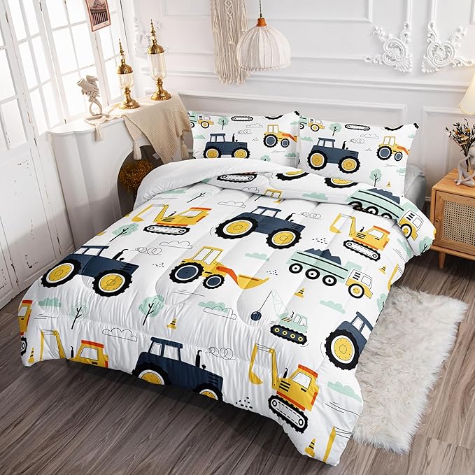 Kids Comforter Set Engineering Vehicle Printed Pattern Bedding Set with 1 Comforter and 2 Pillowcases for Girls Boys Bedroom All Season(Excavator Truck Engineering Vehicle01 Full)