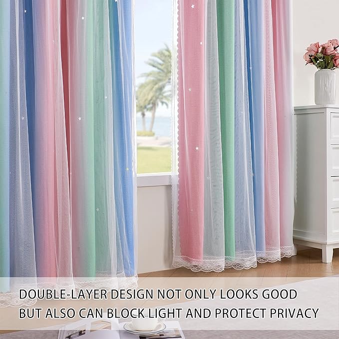 XiDi Girls Curtains for Bedroom 72 Inches Long 2 Panels Pink Green Blue Rainbow Blackout Curtains for Little Girl Kids Room Decor Living Room, Princess Unicorn Wall Decals Drapes 52x72
