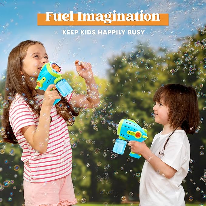 Sloosh 2 Packs Bubble Gun for Kids with 10 Holes, Bubble Machine Gun for Toddlers 1-3, Automatic Light Up Airship Blower with 2 Bottles 4 Bags Refill Solution, Summer, Outdoor Toy, Party, Easter, Gift