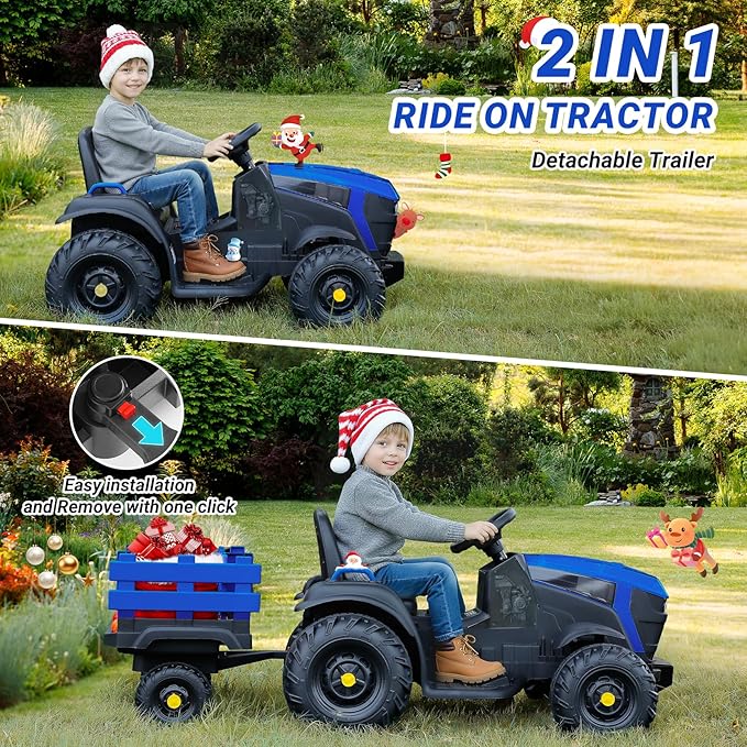 ELEMARA 24V 9AH Ride on Tractor with Easy Detachable Trailer, 24V Ride on Toys for Big Kids, 400W Electric Vehicles Ride On Tractor Car with Shovel, All-Terrain Capability, for Ages 3+, Music, Blue