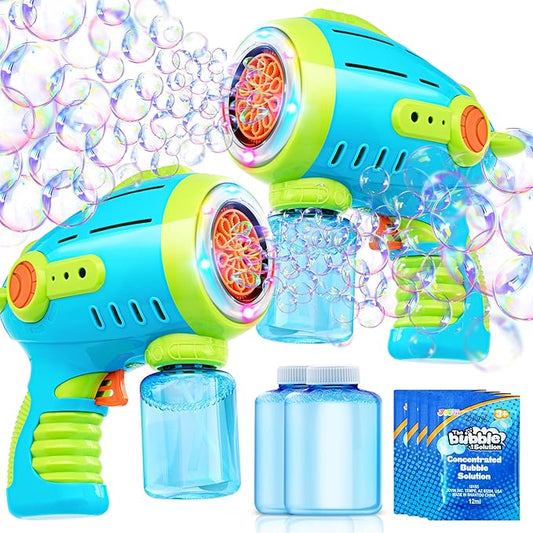 Sloosh 2 Packs Bubble Gun for Kids with 10 Holes, Bubble Machine Gun for Toddlers 1-3, Automatic Light Up Airship Blower with 2 Bottles 4 Bags Refill Solution, Summer, Outdoor Toy, Party, Easter, Gift