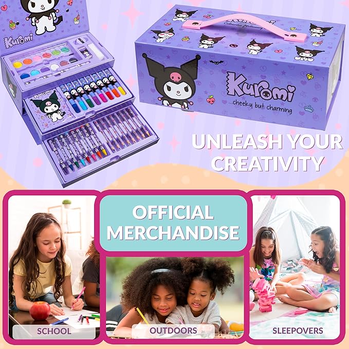 Hello Kitty Sanrio Kuromi Painting Art Supplies for Kids, Colored Pencils, Markers, Crayons, Kawaii Drawing Kit, Stationary, Art Kit, Gifts for Girls (Purple Kuromi 3 Tier)