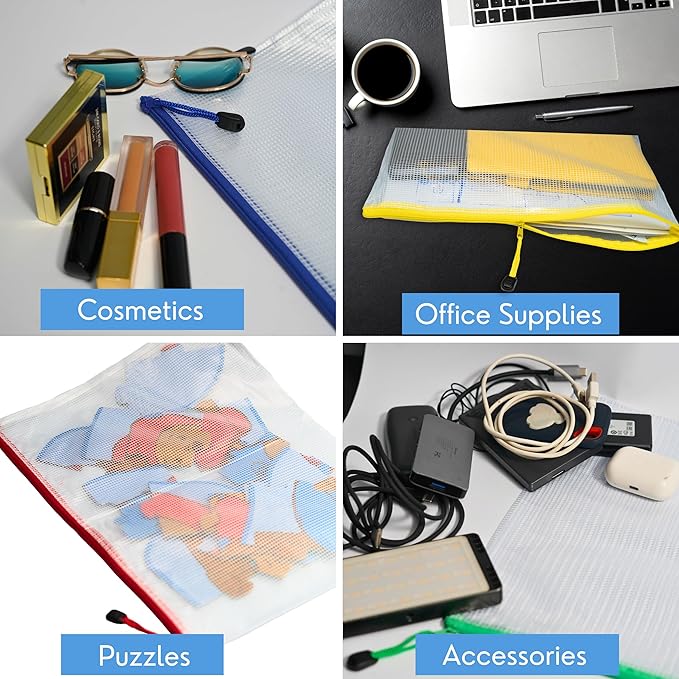 24 Pcs Mesh Zipper Pouch Bags A4 (13.1x9.4) inches Letter Size Waterproof, Reusable Zipper Bags for Board Game & Puzzle Storage, 8 Colors