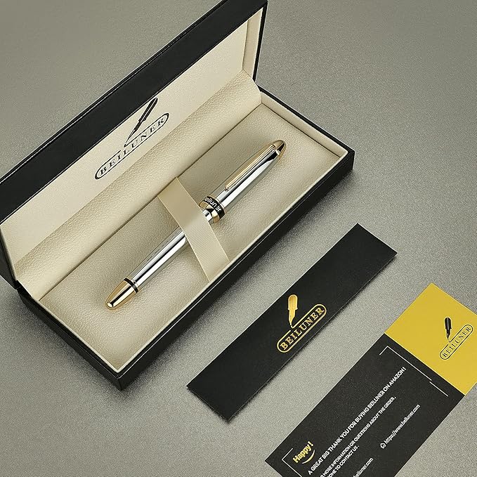 BEILUNER 315 Luxury Rollerball Pen, Stunning Silver Chrome with 24K Gold Finish, Luxury Grade Craftsmanship, Best Pen Gift Set for Men and Women, Graduation, Executive, Office, Fancy, Nice Pens