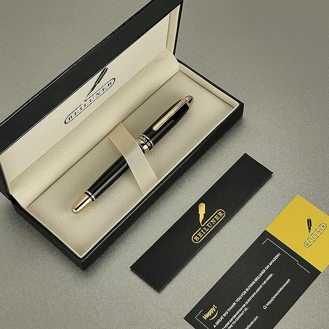 BEILUNER 315 Luxury Rollerball Pen, with 24K Gold Finish, Black Piano Lacquer, Luxury Grade Craftsmanship, Best Pen Gift Set for Men and Women, Professional, Executive, Office, Fancy, Nice Pens